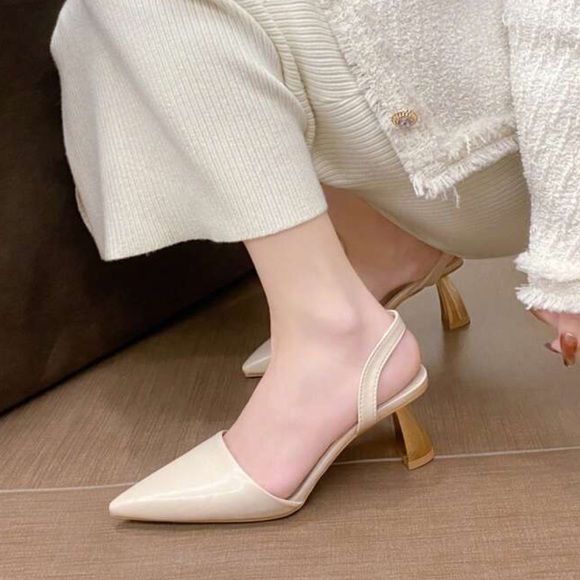 Ivory gold heel High Heeled Sandals, Pointed Toe slingback pumps - Picture 6 of 6